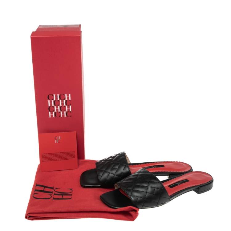 Pre Owned Carolina Herrera Black Initials Quilted Leather Initials 2020 Flats Slides Size 36