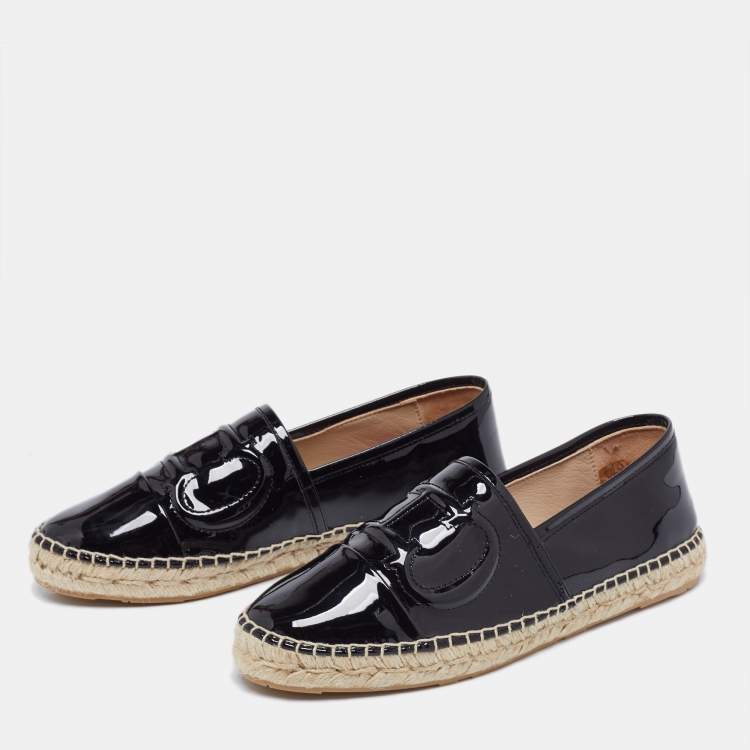 Pre Owned Carolina Herrera Black Patent Leather Logo Espadrilles Flats Size 38