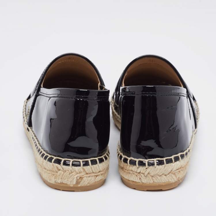 Pre Owned Carolina Herrera Black Patent Leather Logo Espadrilles Flats Size 38