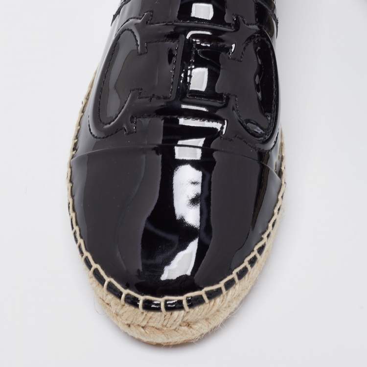 Pre Owned Carolina Herrera Black Patent Leather Logo Espadrilles Flats Size 38