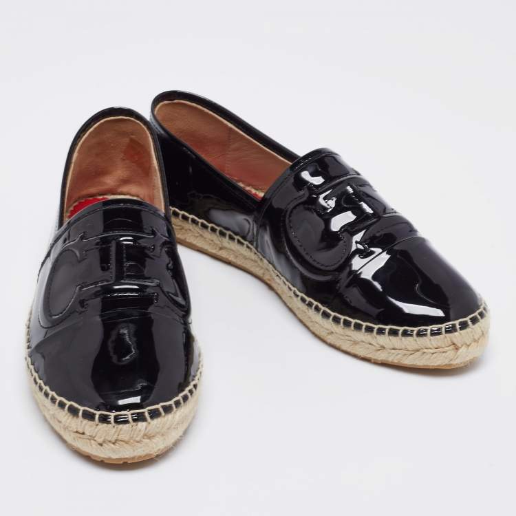 Pre Owned Carolina Herrera Black Patent Leather Logo Espadrilles Flats Size 38