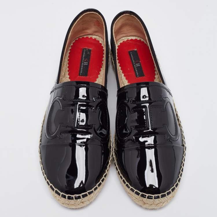 Pre Owned Carolina Herrera Black Patent Leather Logo Espadrilles Flats Size 38