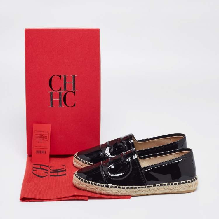 Pre Owned Carolina Herrera Black Patent Leather Logo Espadrilles Flats Size 38