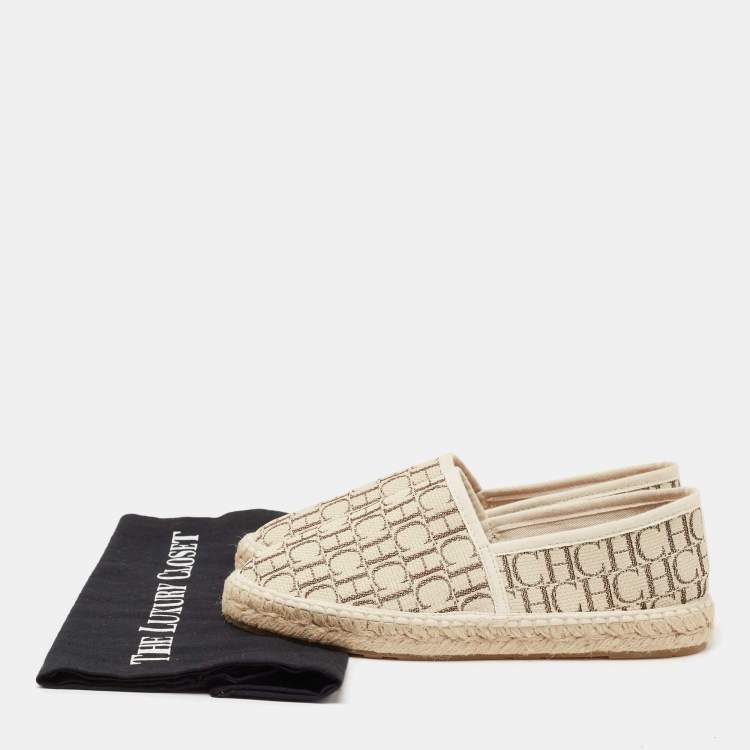 Pre Owned CH Carolina Herrera Beige Monogram Canvas Espadrille Flats Size 36