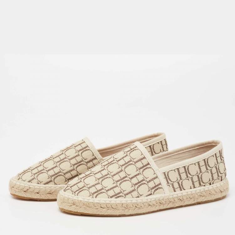 Pre Owned CH Carolina Herrera Beige Monogram Canvas Espadrille Flats Size 36