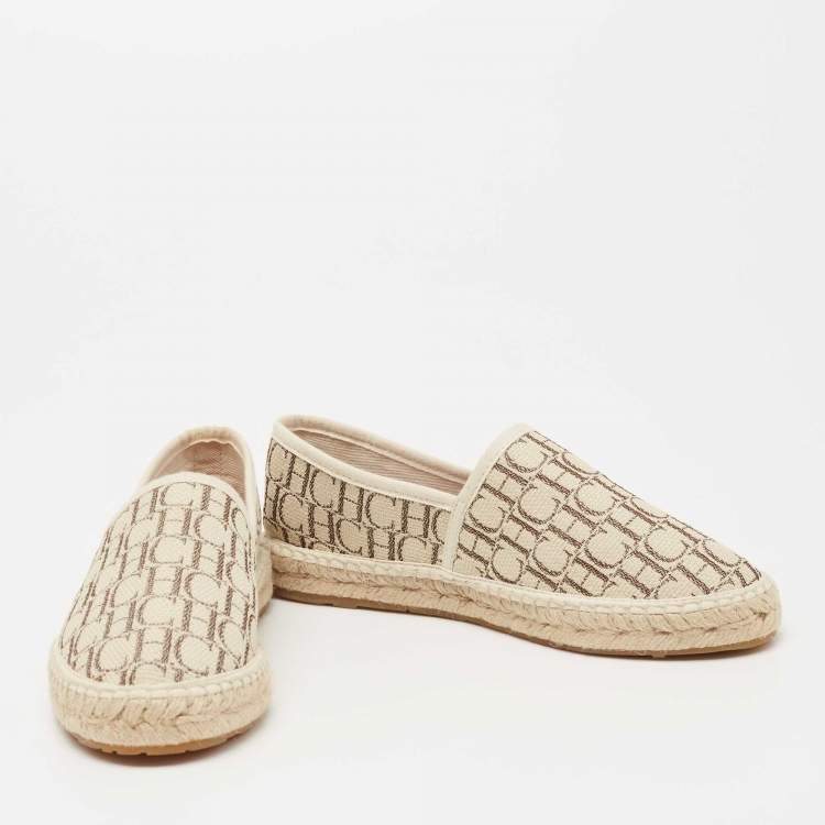 Pre Owned CH Carolina Herrera Beige Monogram Canvas Espadrille Flats Size 36
