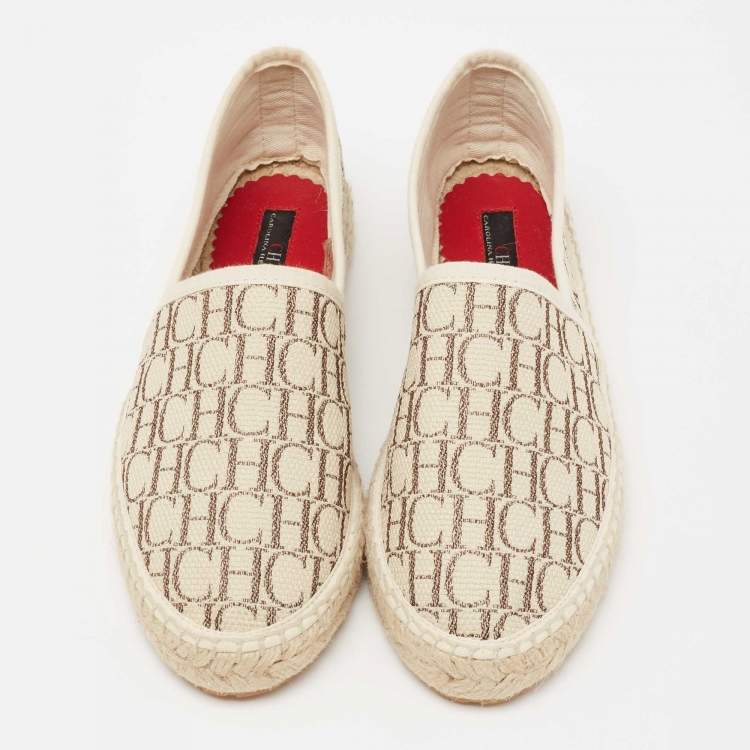 Pre Owned CH Carolina Herrera Beige Monogram Canvas Espadrille Flats Size 36