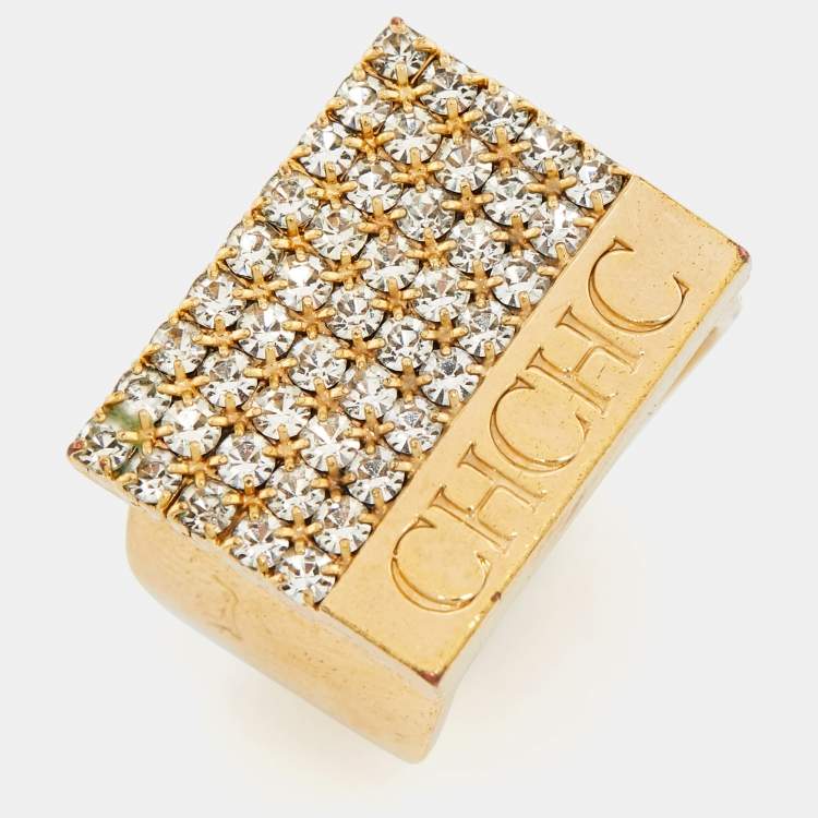 Pre Owned Carolina Herrera Crystal Gold  Tone Ring Size 53