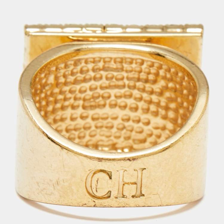 Pre Owned Carolina Herrera Crystal Gold  Tone Ring Size 53