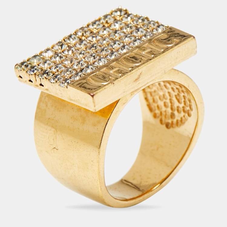 Pre Owned Carolina Herrera Crystal Gold  Tone Ring Size 53