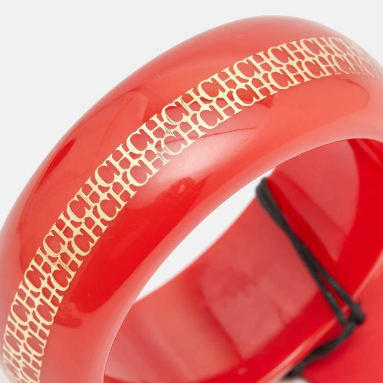 Pre Owned  Carolina Herrera CH Red Resin Gold Tone Metal Wide Bangle Bracelet