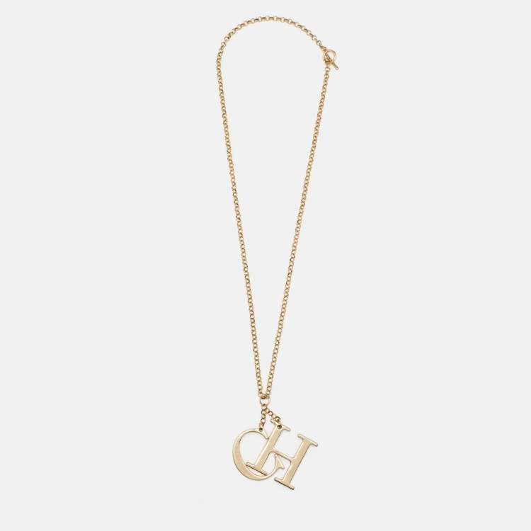 Pre Owned Carolina Herrera CH Logo Charm Gold Tone Long Toggle Pendant Necklace