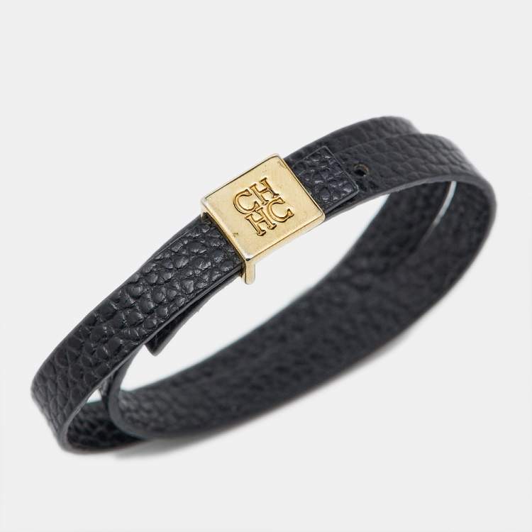 Pre Owned Carolina Herrera CH Black Leather Gold Tone Wrap Bracelet