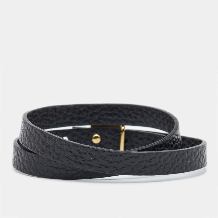 Pre Owned Carolina Herrera CH Black Leather Gold Tone Wrap Bracelet