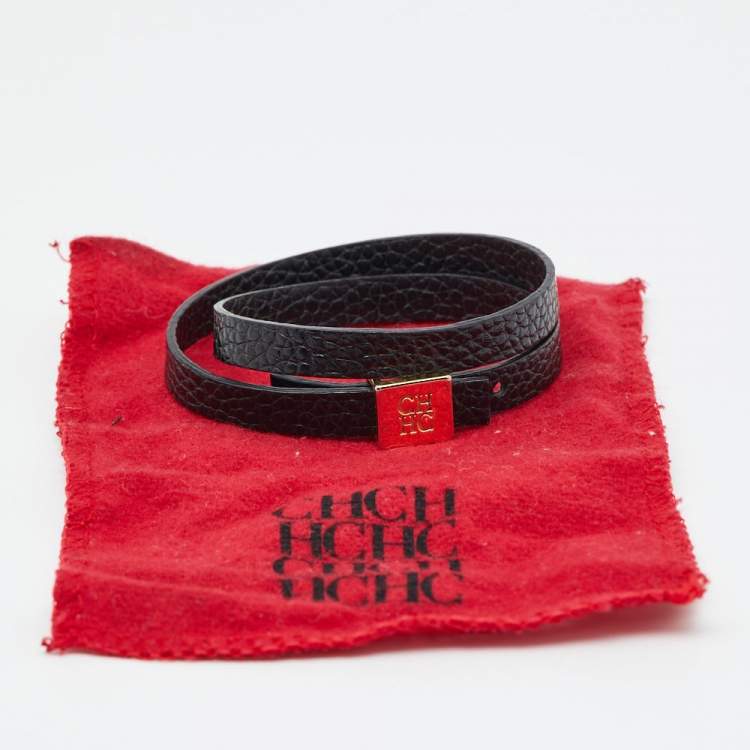 Pre Owned Carolina Herrera CH Black Leather Gold Tone Wrap Bracelet