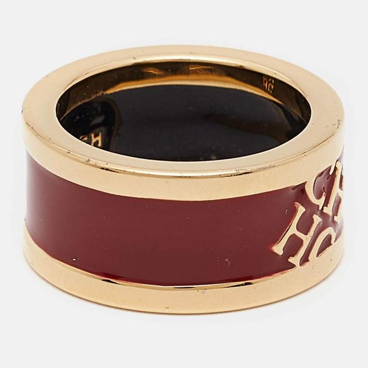 مملوكة مسبقًا Carolina Herrera CH Logo Enamel Gold Tone Band Ring EU 54