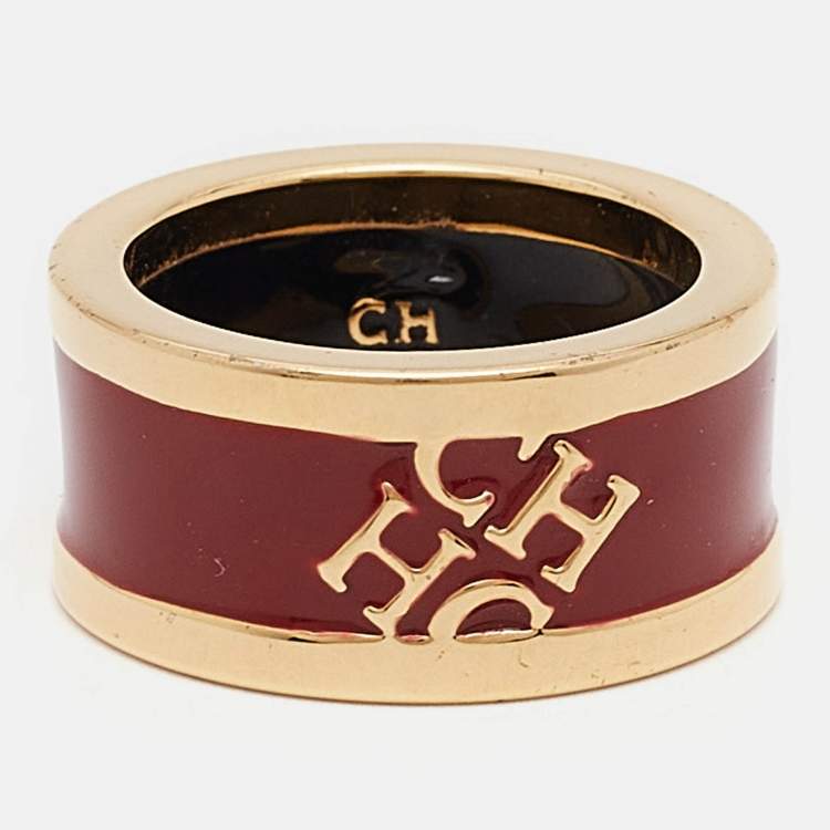 مملوكة مسبقًا Carolina Herrera CH Logo Enamel Gold Tone Band Ring EU 54