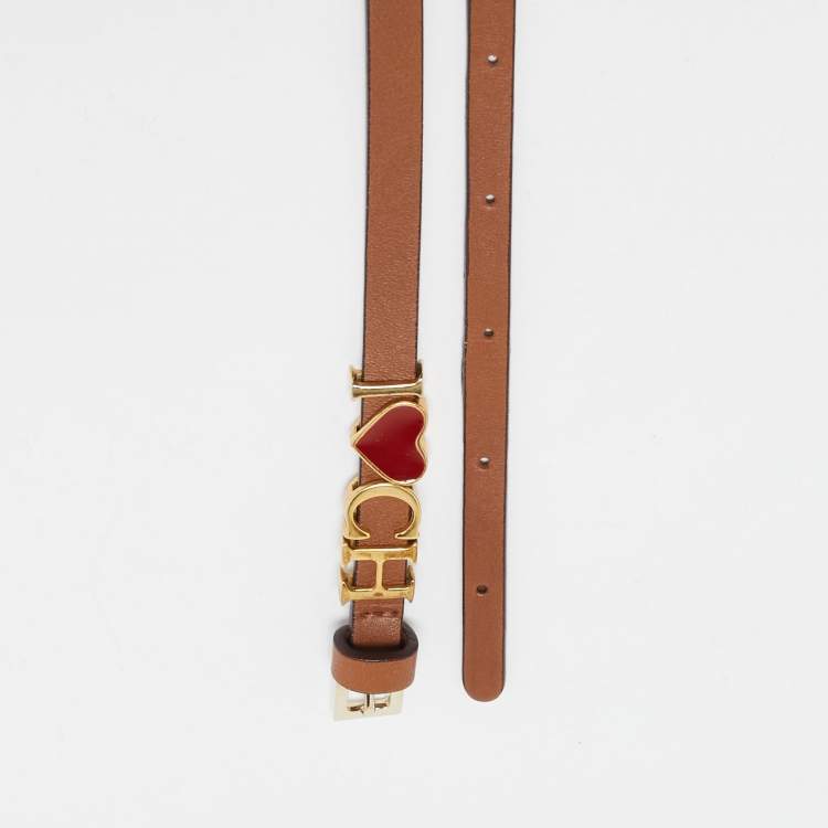 Pre Owned Carolina Herrera Brown Heart Logo Double Wrap Waist Belt