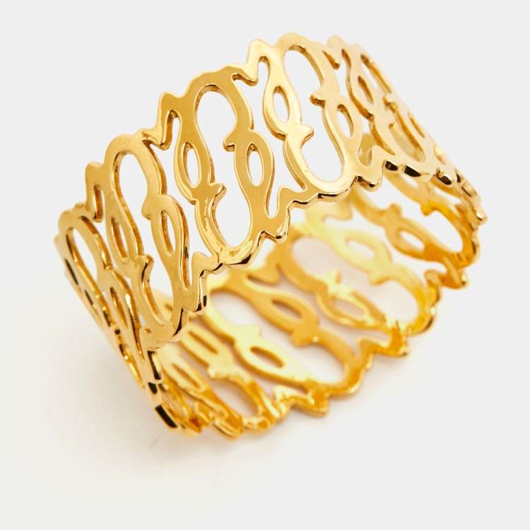 Pre Owned Carolina Herrera CH Logo Gold Tone Wide Bracelet 