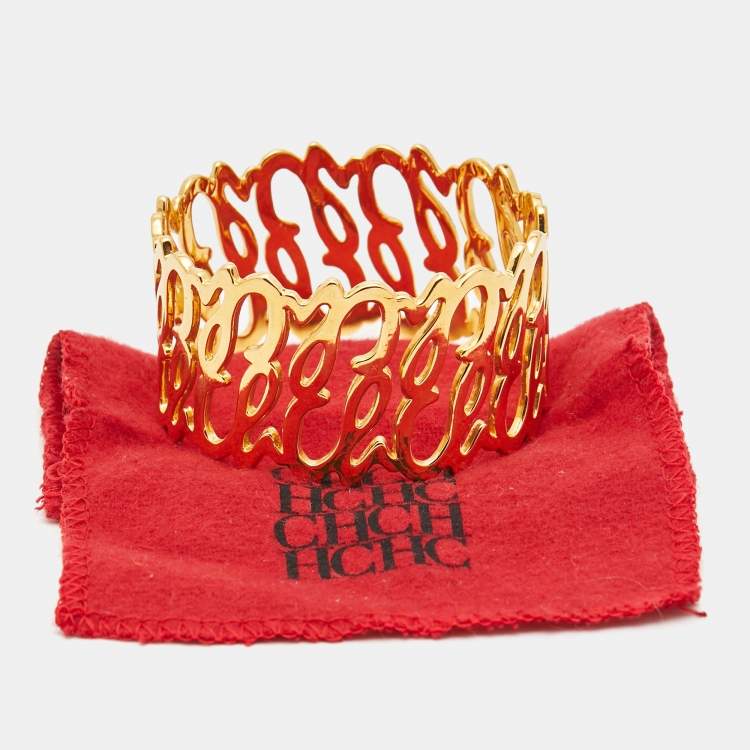 Pre Owned Carolina Herrera CH Logo Gold Tone Wide Bracelet 
