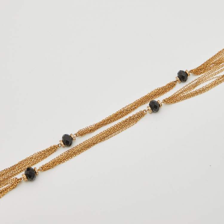 Pre Owned Carolina Hererra Black Beads Crystals Gold Tone Multi Chain Lariat Necklace
