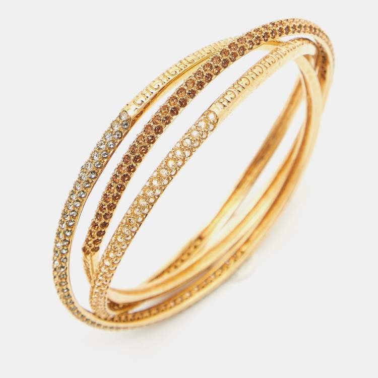 Pre Owned Carolina Herrera Crystals Gold Tone Triple Bangle Bracelet