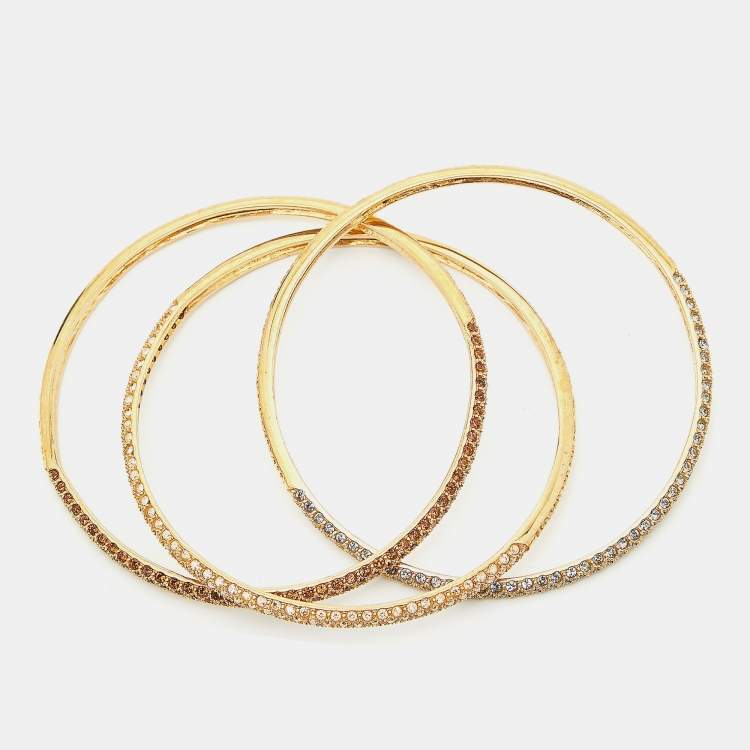 Pre Owned Carolina Herrera Crystals Gold Tone Triple Bangle Bracelet