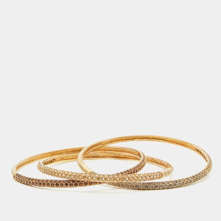 Pre Owned Carolina Herrera Crystals Gold Tone Triple Bangle Bracelet