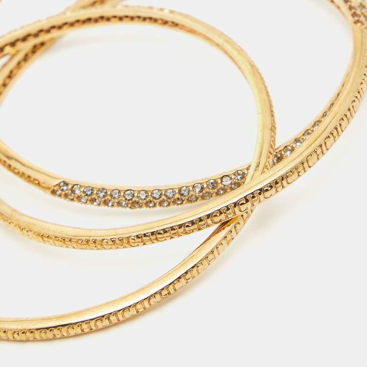 Pre Owned Carolina Herrera Crystals Gold Tone Triple Bangle Bracelet