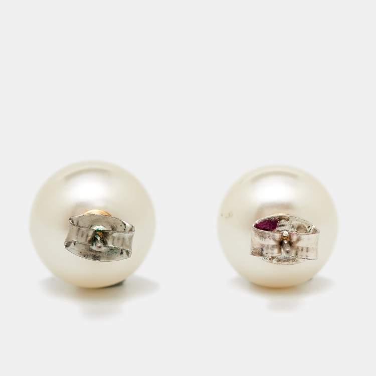 Pre Owned Carolina Herrera CH Faux Pearl Gold Tone Stud Earrings