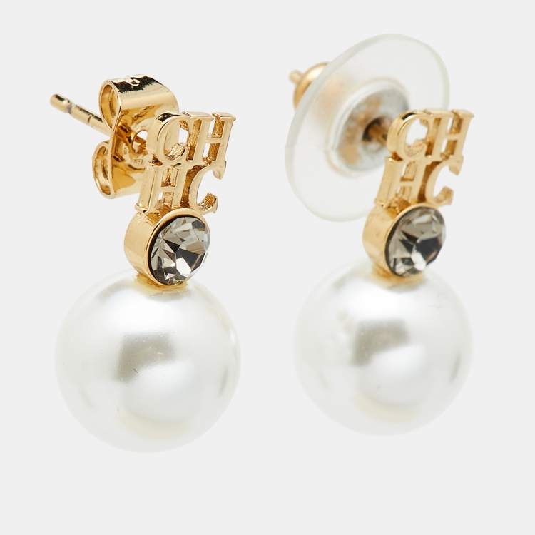 Pre Owned  Carolina Herrera CH Faux Pearl Gold Tone Earrings