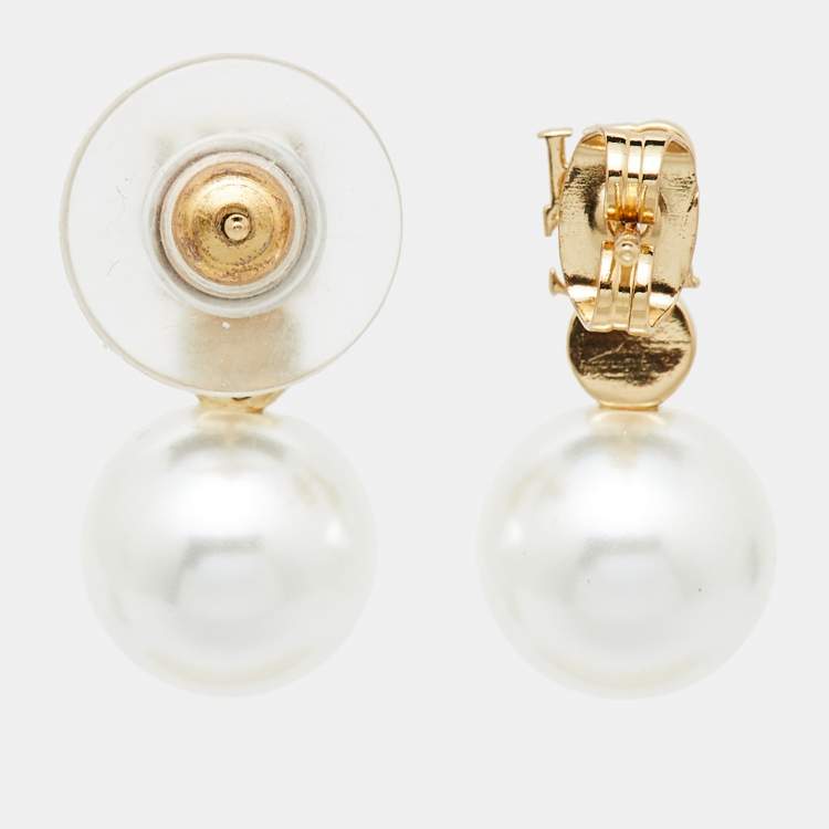 Pre Owned  Carolina Herrera CH Faux Pearl Gold Tone Earrings