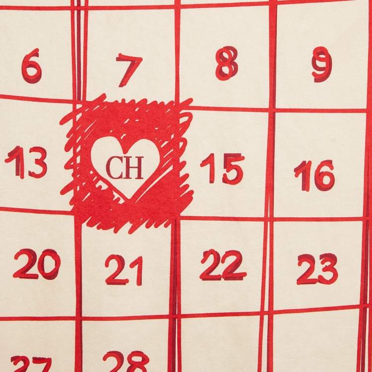 Pre Owned CH Carolina Herrera Cream/Red Valentine's Day Calendar Print Scarf
