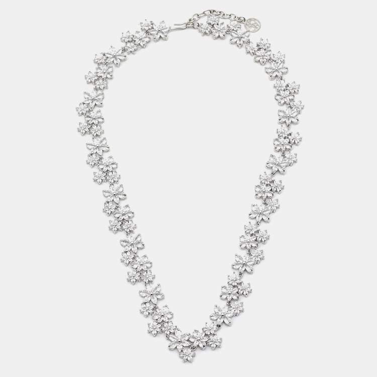 Pre Owned Carolina Herrera Flower Crystals Silver Tone Necklace and Earrings Set