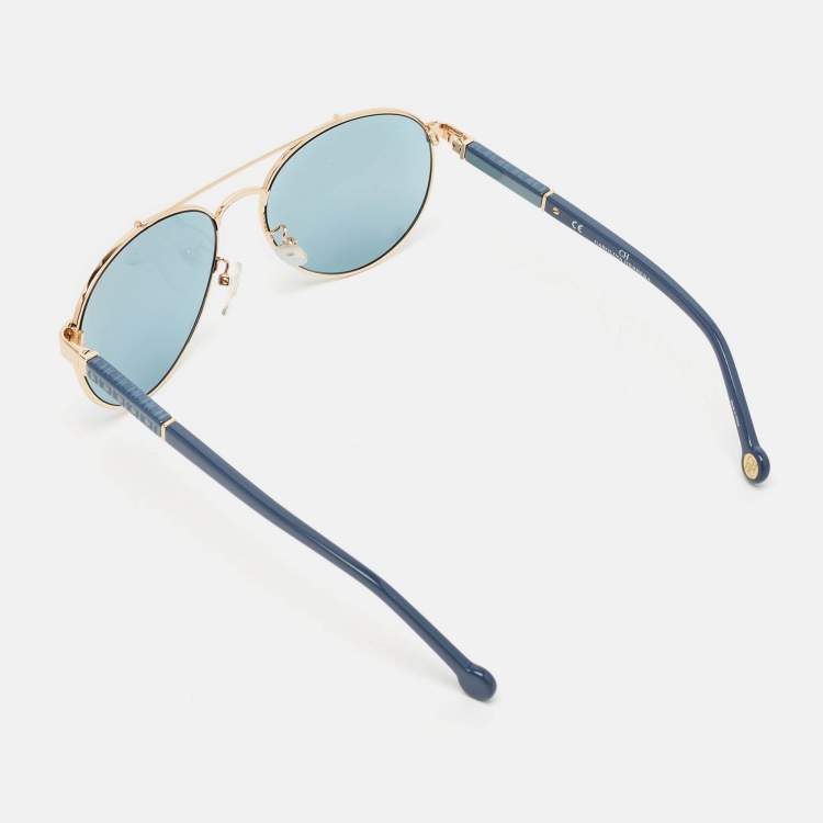 Pre Owned Carolina Herrera Blue/Gold SHE088 Aviator Sunglasses