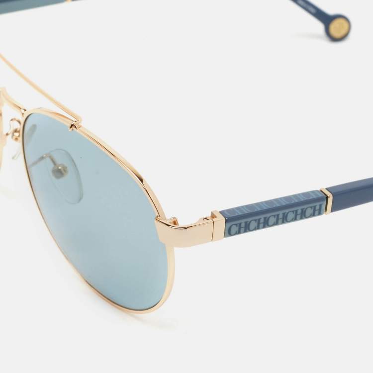 Pre Owned Carolina Herrera Blue/Gold SHE088 Aviator Sunglasses