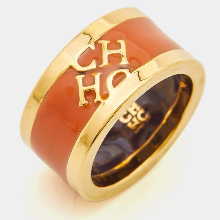 Pre Owned Carolina Herrera CH Enamel Gold Tone Ring  Size 53