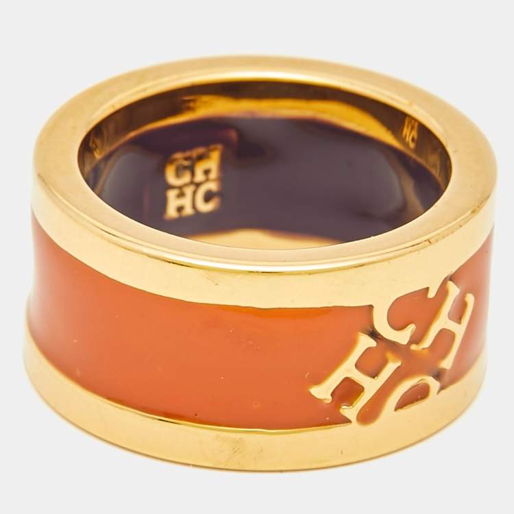 Pre Owned Carolina Herrera CH Enamel Gold Tone Ring  Size 53