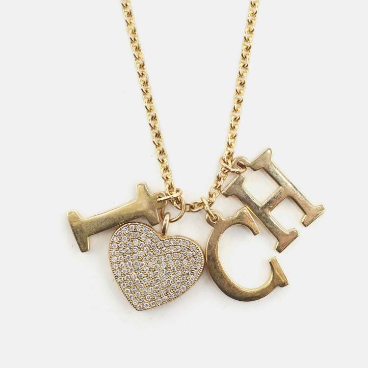 Pre Owned Carolina Herrera CH I Love CH Crystals Gold Tone Necklace
