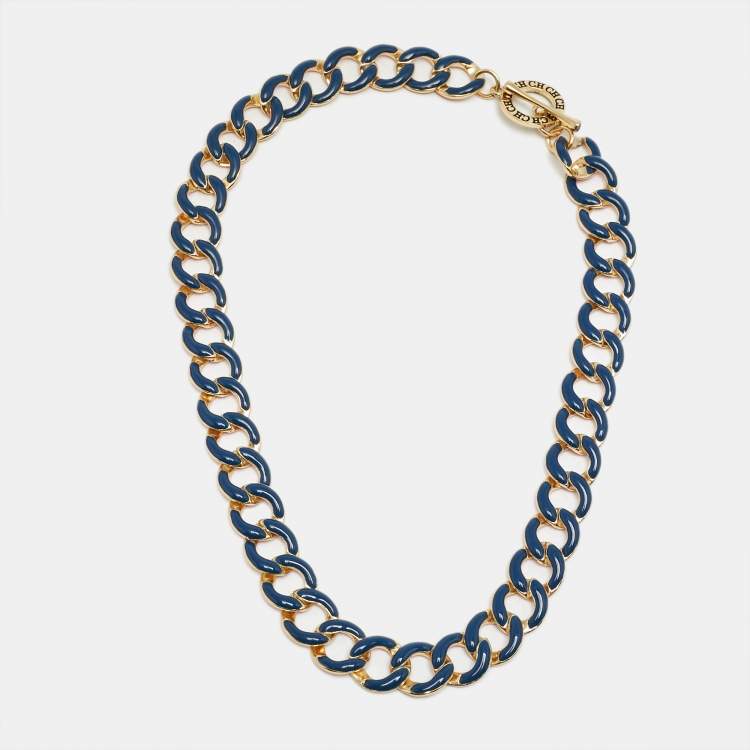 Pre Owned Carolina Herrera CH Blue/Orange Enamel Gold Tone Metal Necklace