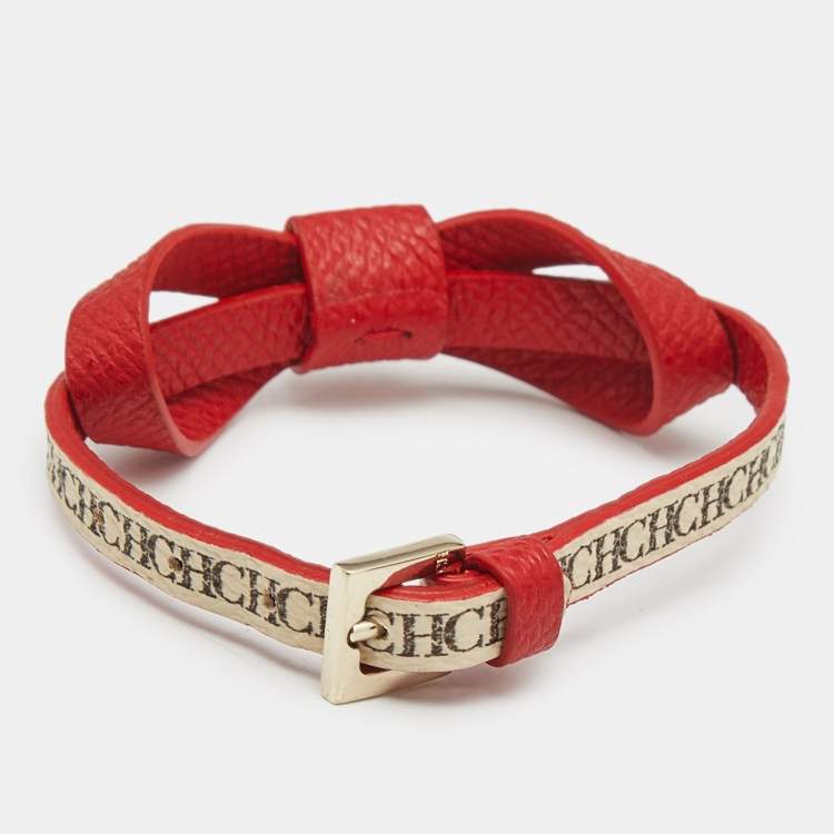 Pre Owned Carolina Herrera CH  Red/Beige Monogram Canvas and Leather Gold Tone Ribbon Bracelet