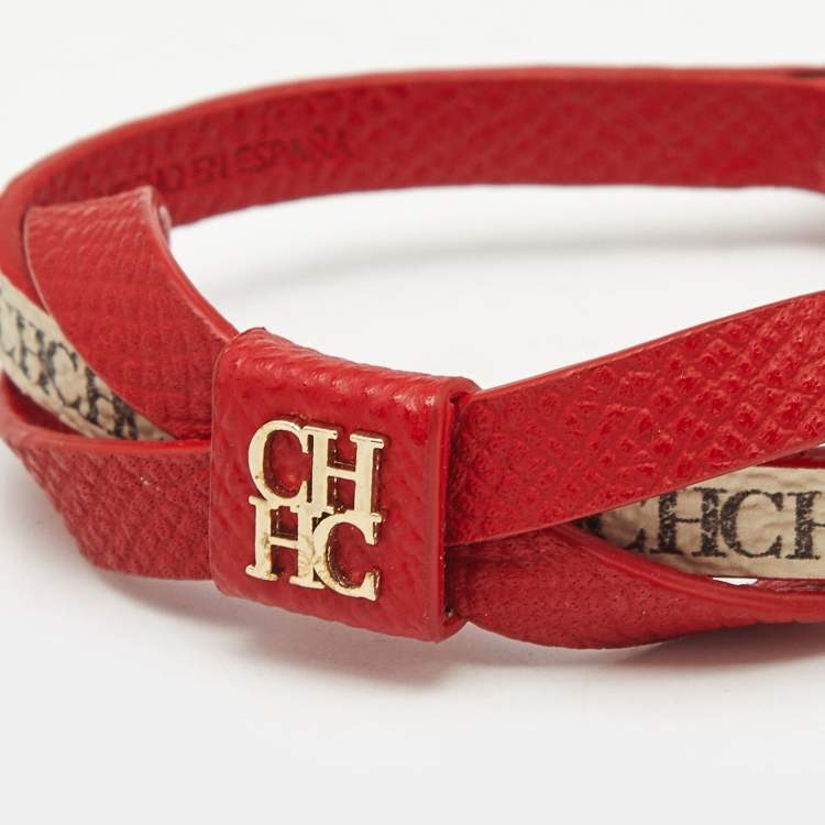 Pre Owned Carolina Herrera CH  Red/Beige Monogram Canvas and Leather Gold Tone Ribbon Bracelet