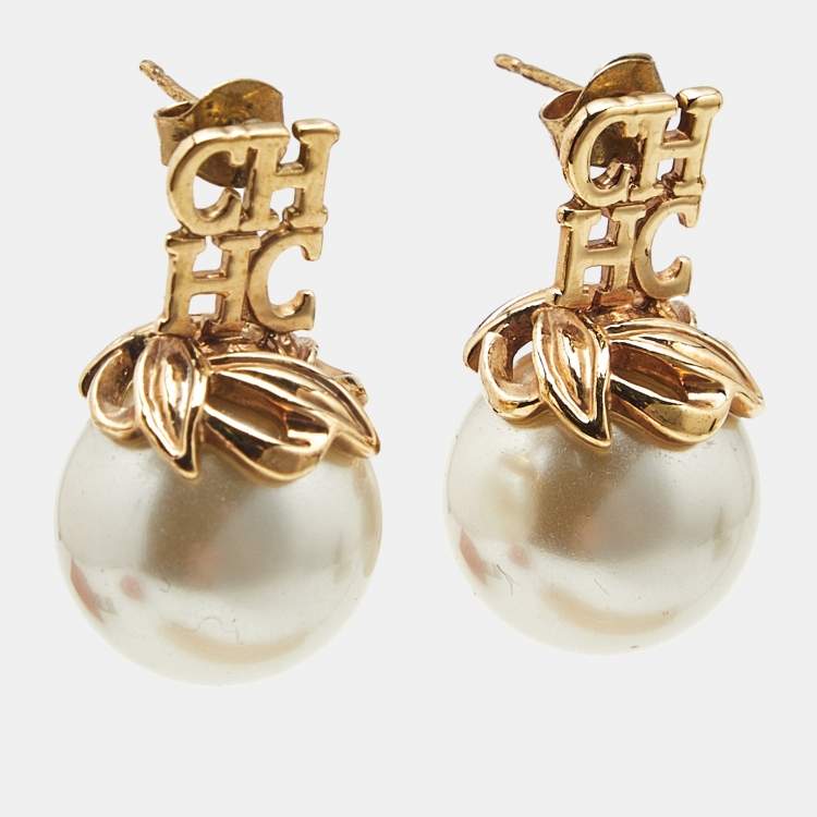 Pre Owned Carolina Herrera CH Faux Pearl Gold Tone Earrings