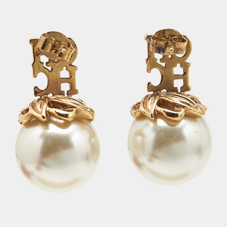 Pre Owned Carolina Herrera CH Faux Pearl Gold Tone Earrings