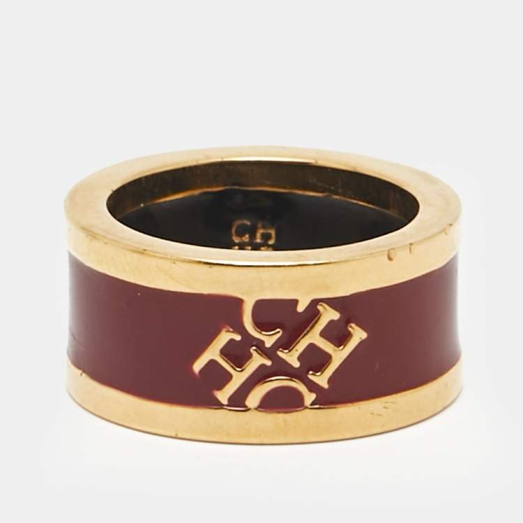Pre Owned Carolina Herrera CH Logo Enamel Gold Tone Band Ring 54