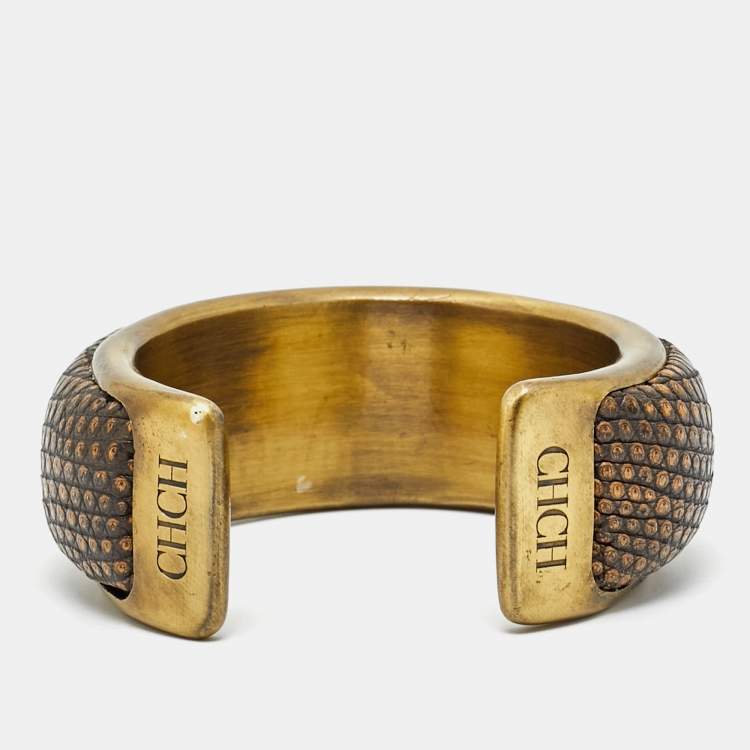 Pre Owned Carolina Herrera Leather Gold Tone Cuff Bracelet