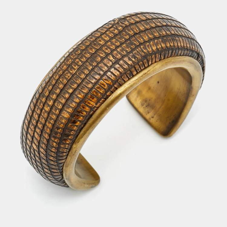 Pre Owned Carolina Herrera Leather Gold Tone Cuff Bracelet