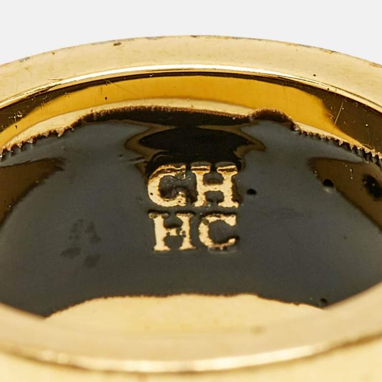 Pre Owned Carolina Herrera CH Logo Red Enamel Gold Tone Band Ring Size 54