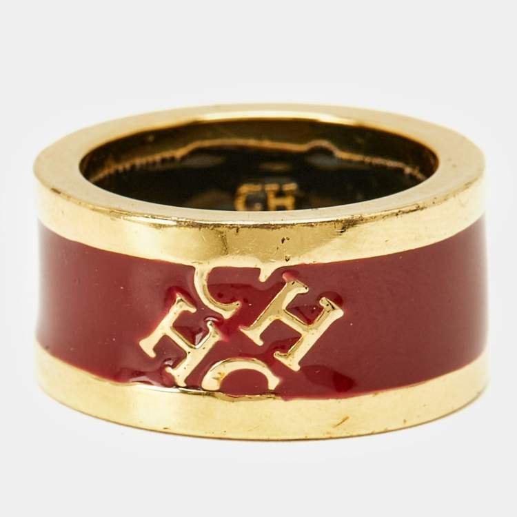 Pre Owned Carolina Herrera CH Logo Red Enamel Gold Tone Band Ring Size 54