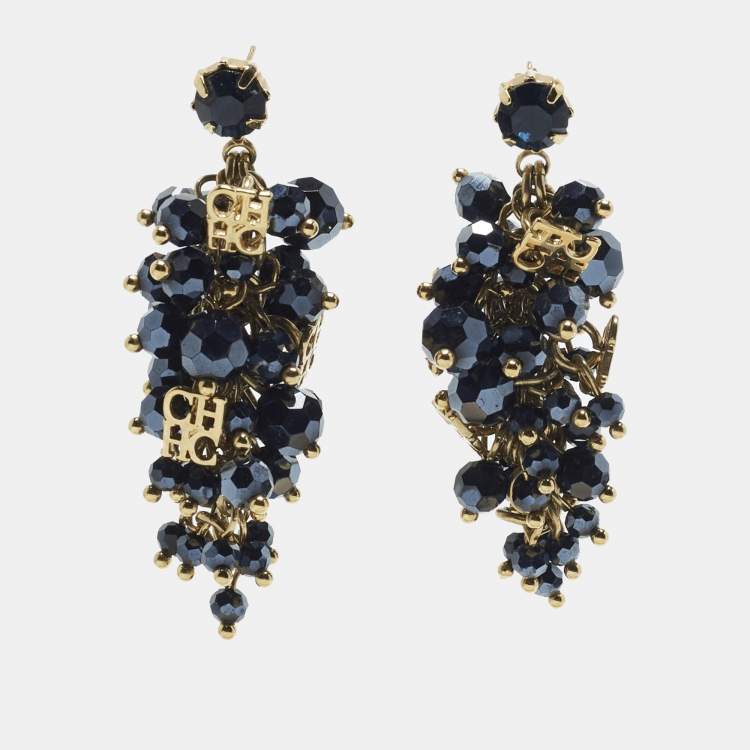 Pre Owned Carolina Herrera CH Crystals Gold Tone Earrings